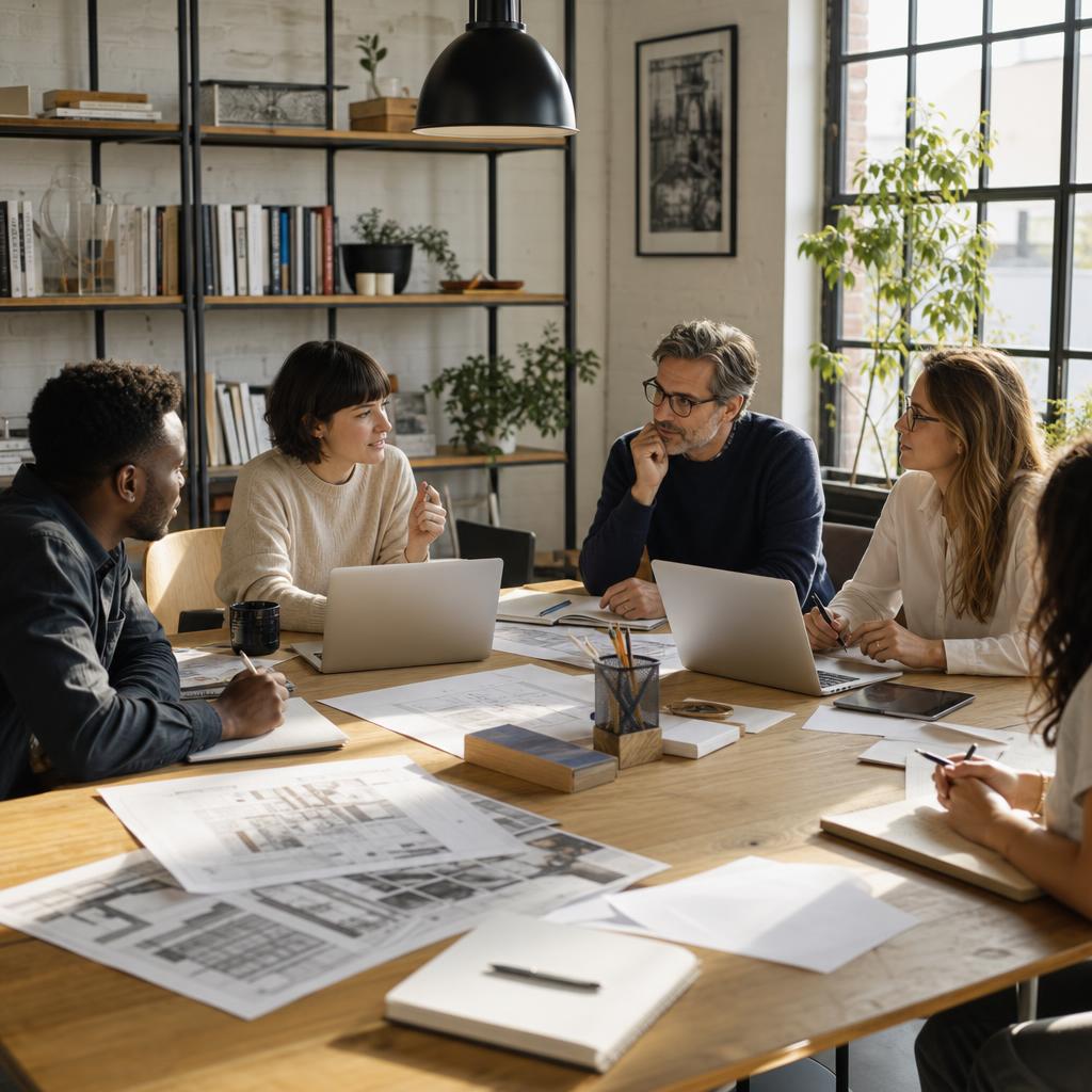 Team collaborating around a workshop table